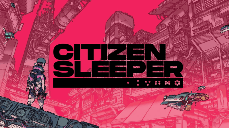 Citizen Sleeper game title screen with pink neon logo on starry space background